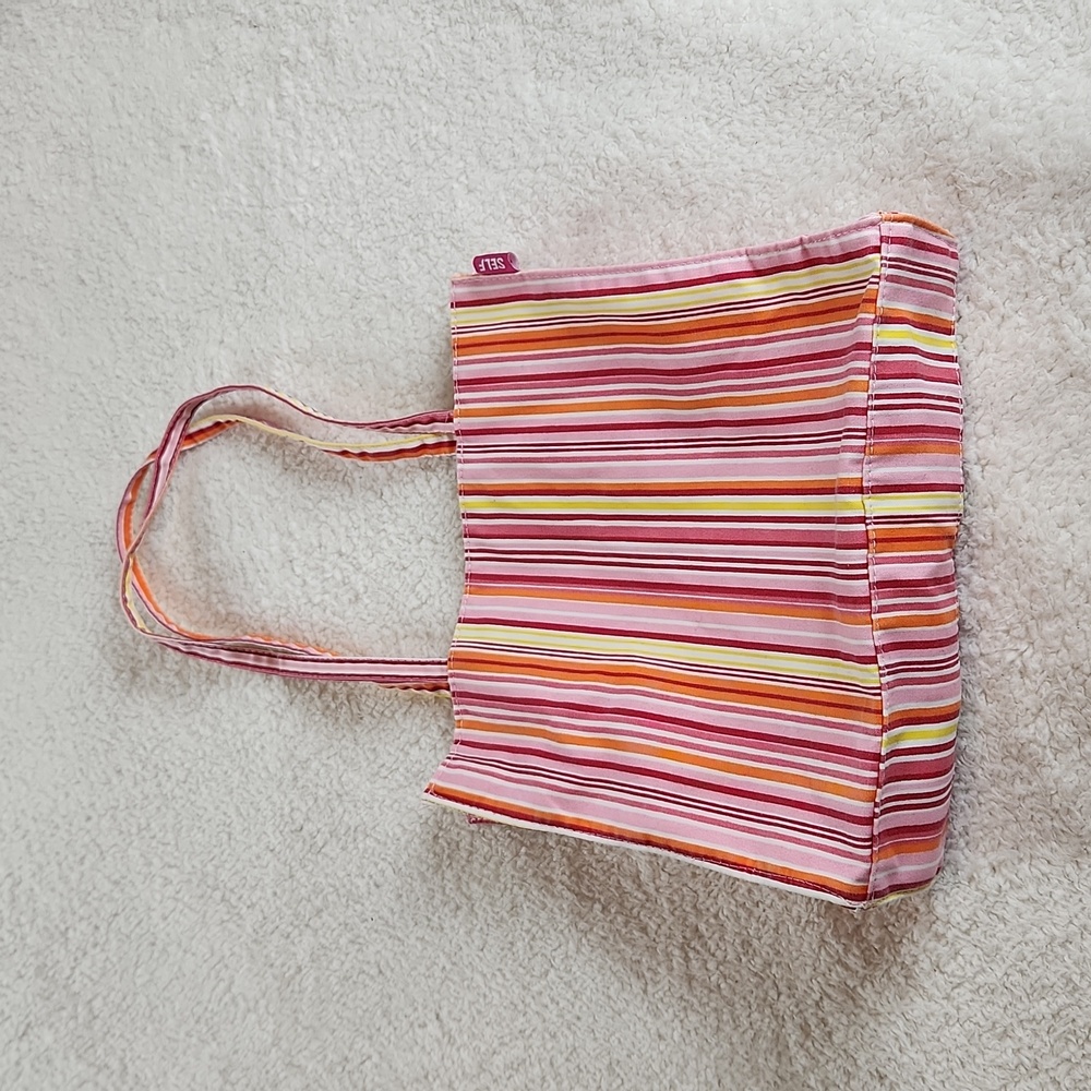 SELF tote bag, colorful vibrant stripes, orangenpink yellow red white.